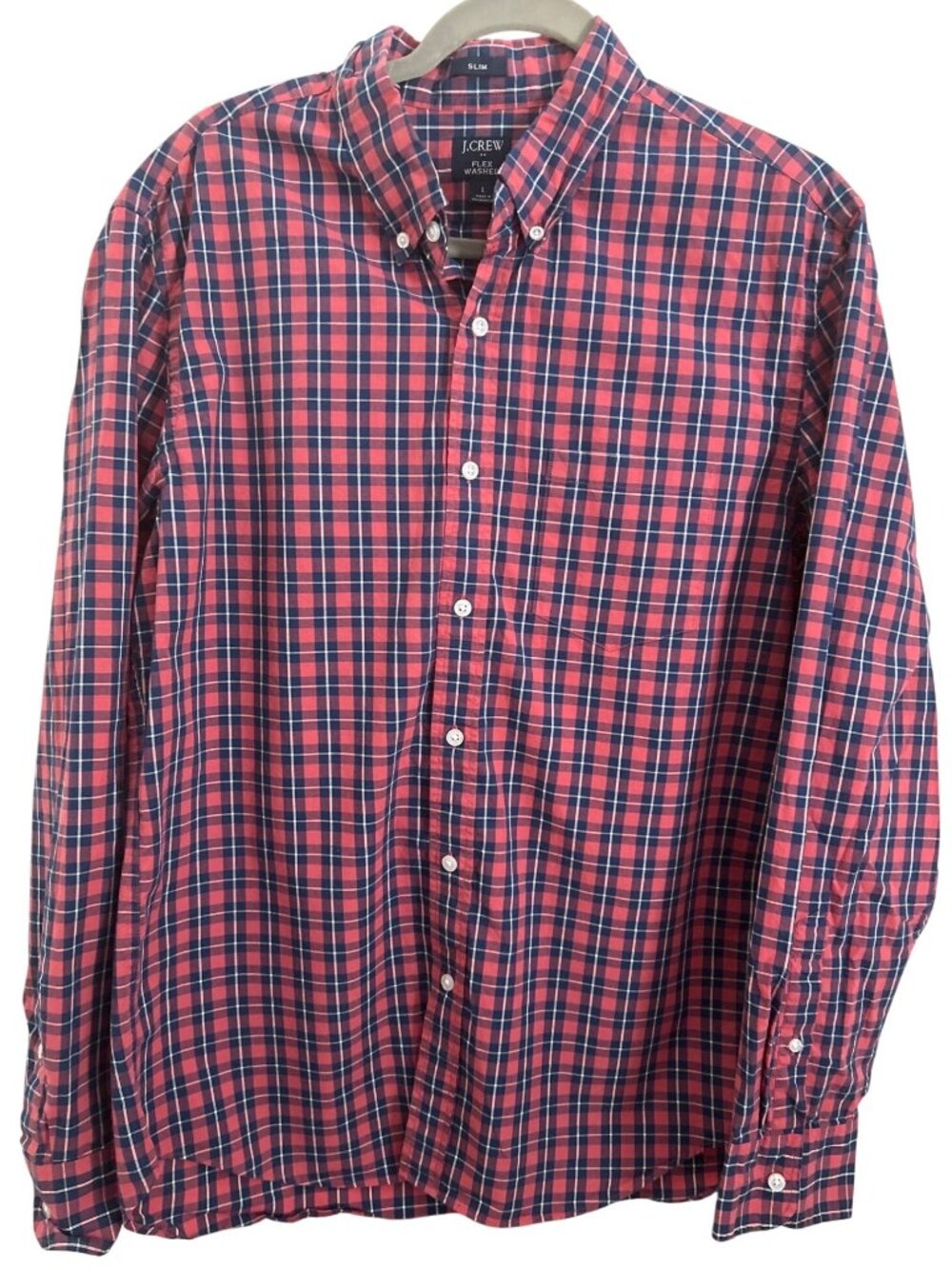 J.Crew Slim Flex Washed Plaid Shirt Red Blue Button Down Men's L Casual Fit